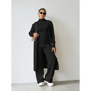 TrendyKnitTurtleNeckTank&WideLegTrousersWithOpen-FrontLongCardiganThree-PieceSets