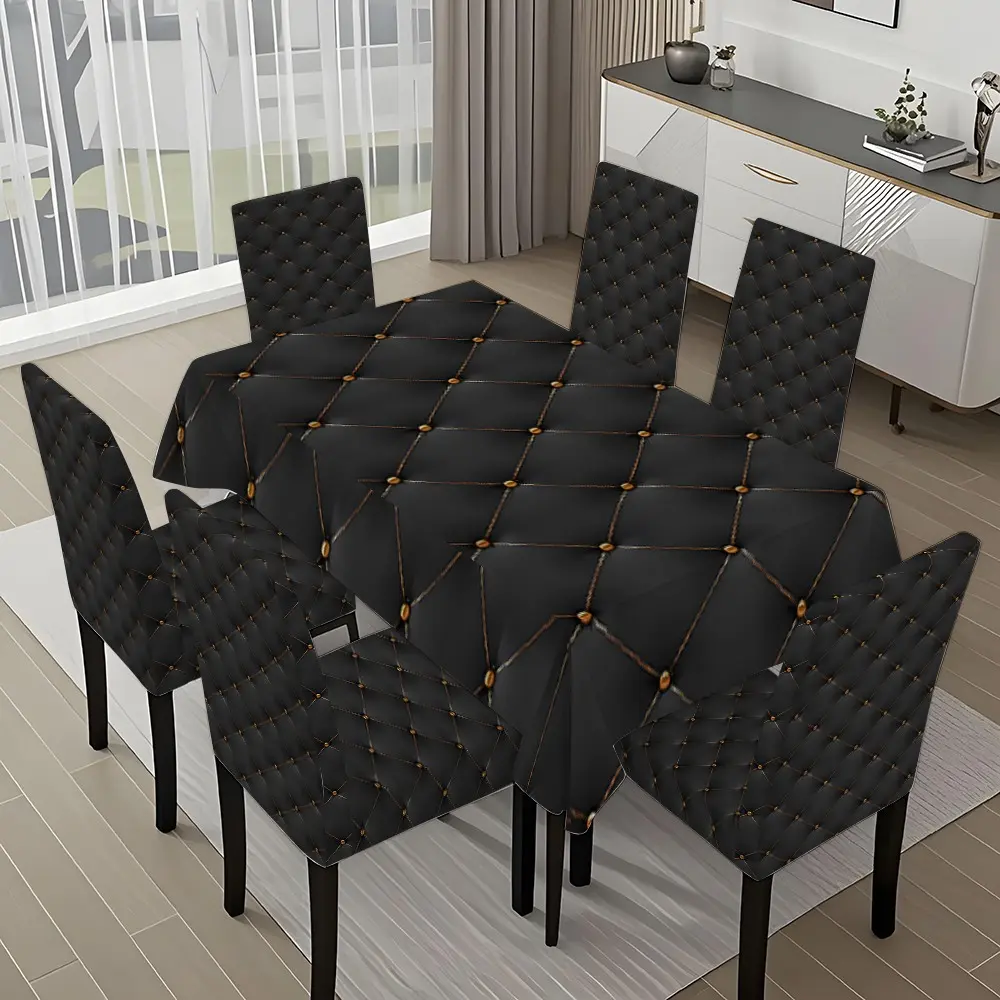 5/7-piece 2D Flat Printing Black and Gold Diamond Pattern Printing Tablecloth and Chair Cover Set, Chair Covers For Dining Chairs, for dining table and chair decoration, home, holiday gatherings