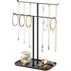 Necklace Holder  Organizer Stand - 2-Tier T-Bar  Display Tree with Tray for Countertop Necklace Bracelet Earring Storage, Vanity Dresser Bathroom Sink, Black