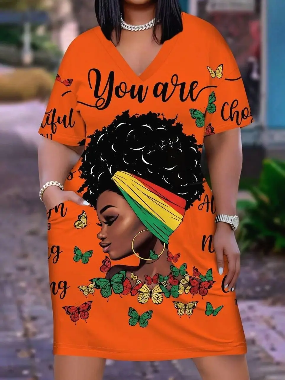 Plus Size African Print Dress | V-Neck Short Sleeve Casual | Butterfly Letter Print Stylish Dress
