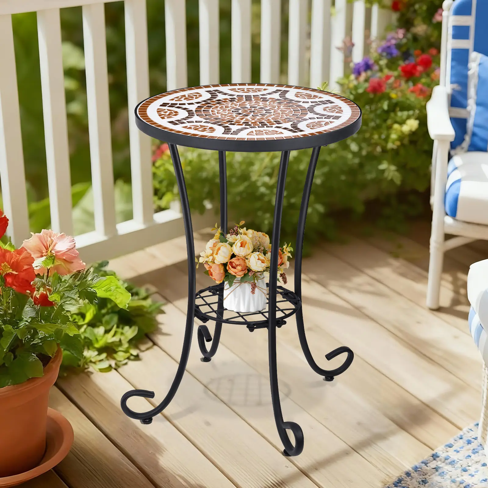 MUMTOP 14" Surface Garden Table - Handmade Ceramic Tile Top, Black Iron Grid Patio End Piece, Weatherproof Artisan Plant Stand, Quick Setup Indoor Outdoor Furniture Bistro Table for Pool Side, Covered Patio