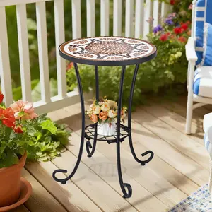MUMTOP 14" Outdoor Surface Side Table - Handmade Mosaic Ceramic Tiles Top, Black Iron Metal Grid Accent Table, Weatherproof Artisan Charm Plant Stand with Quick Setup for Pool Side, Patio
