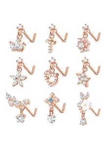 9 PCS Dangle Nose Rings - L Shaped for Women, 20G Stainless Steel Nose Rings Studs with CZ Cross, Crown, Flower, Heart Dangling Piercing Jewelry, Maximalist Jewelry