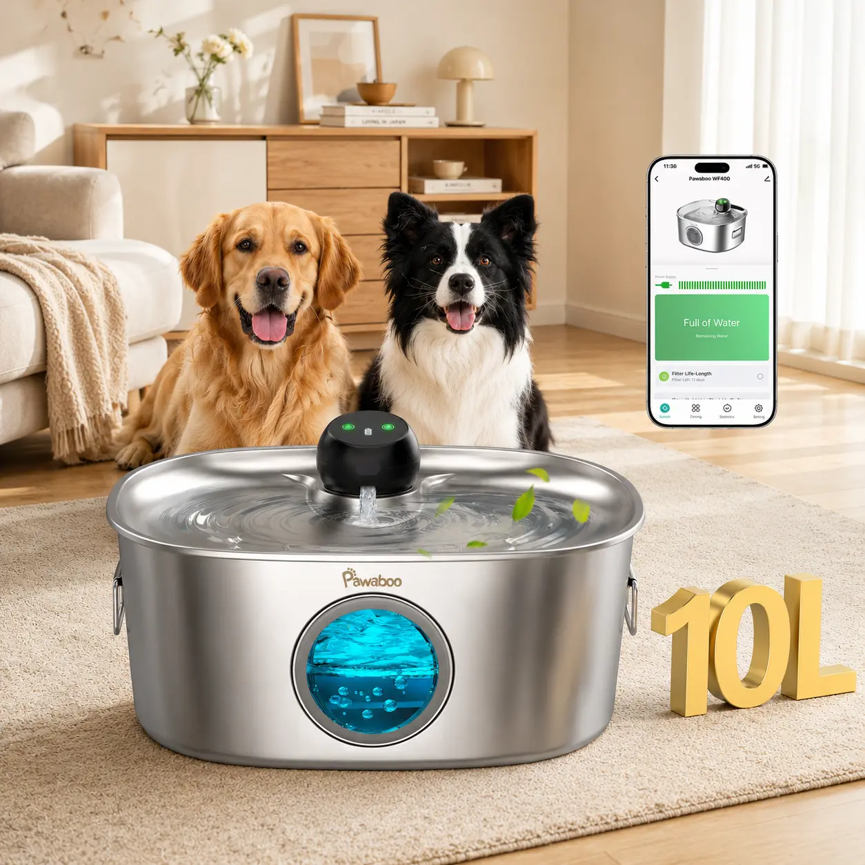 Pawaboo Smart Stainless Steel 1 Fountain for Dogs & Cats, 10L/2.64Gal Cordless Dispenser with 2.4G WiFi & Multi-Filter, Ideal for Large Pets & Multi-Pet Homes