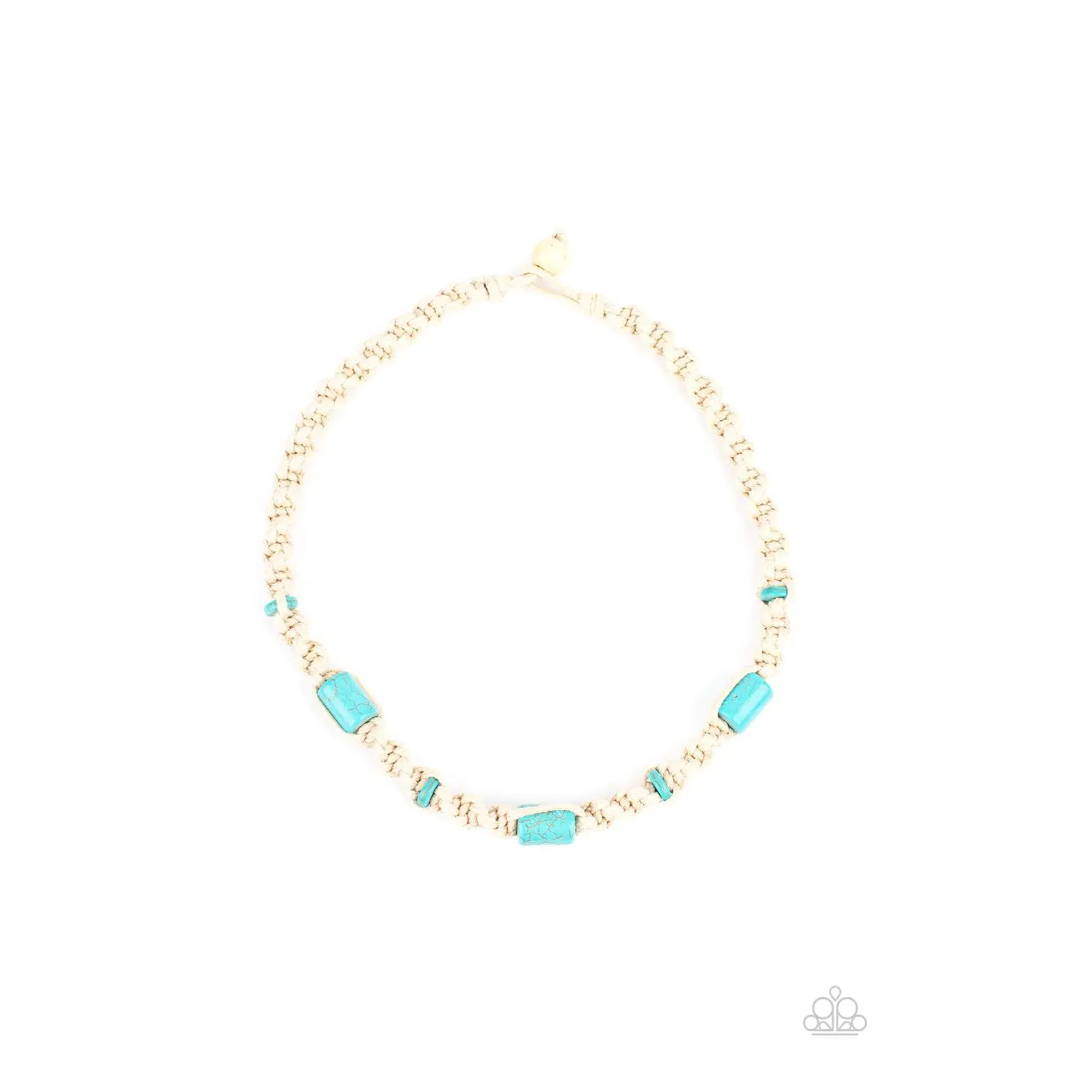 Unisex Casual Blue Macramé Necklace for Casual Wear & Unisex Clothes, Chunky Spiral Weave, Beaded Natural Cord, 3 Generous Cylindrical Blue Stones, Small Flat Stone Accents, Homespun Button Loop Closure, Costume Jewelry