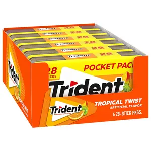 Trident Tropical Twist Sugar Free Gum, 6 Pocket Packs of 28 Pieces (168 Total Pieces)