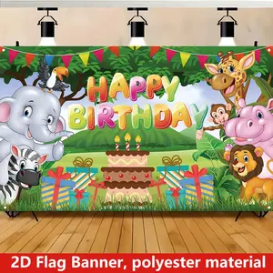 2D Door Banner Happy Birthday Decoration Banner, 180 Cm * 110 Cm / 70.8 Inches * 43.3 Inches, Animal Party Background Banner, Forest Cartoon Elephant Lion Cake Table Birthday Party Banner, B
