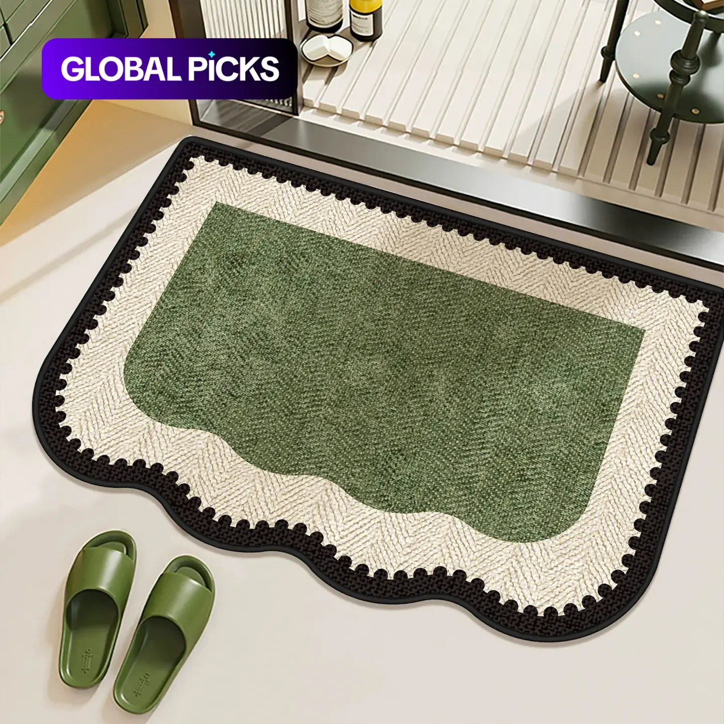 Green Scalloped Bath Mat, Vintage Cottage Bathroom Rug, Linen-Look Absorbent Quick-Dry Floor Mat with Non-Slip Backing, Water Absorbent Mat for Bathroom, Kitchen, Sink Area & Entryway