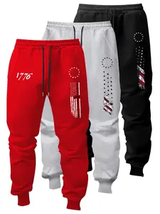 Men's Simple Number Broken Flag Print Pants, Elastic Waist, Regular Fit, Casual Comfort, Pockets, Spring & Fall Daily Wear