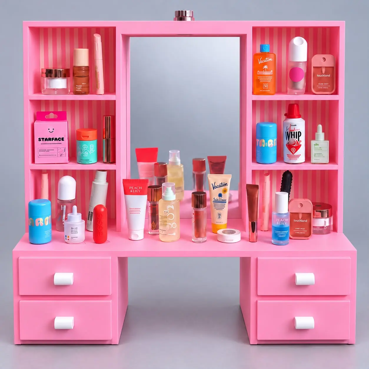 Mini Glam Vanity Dressing Table – 3D Printed Miniature Beauty Station with LED Light-Up Mirror & 4 Drawers (items not included)