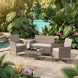 4-Piece PE Rattan Patio Furniture Set, Wicker Chairs with Washable Soft Cushions & 6mm Tempered Glass Coffee Table, All Weather Resistant Outdoor Conversation Set for Garden Backyard Porch Poolside