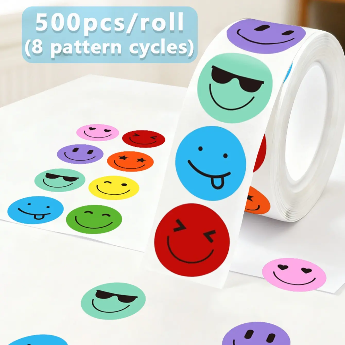 500pcs Colorful Smiley Face Emoji Stickers Roll, Holiday Teacher Reward Decorative Labels, Motivational Sealing Stickers, Waterproof PVC Adhesive, Sticky Labels, Classroom Reward Stickers