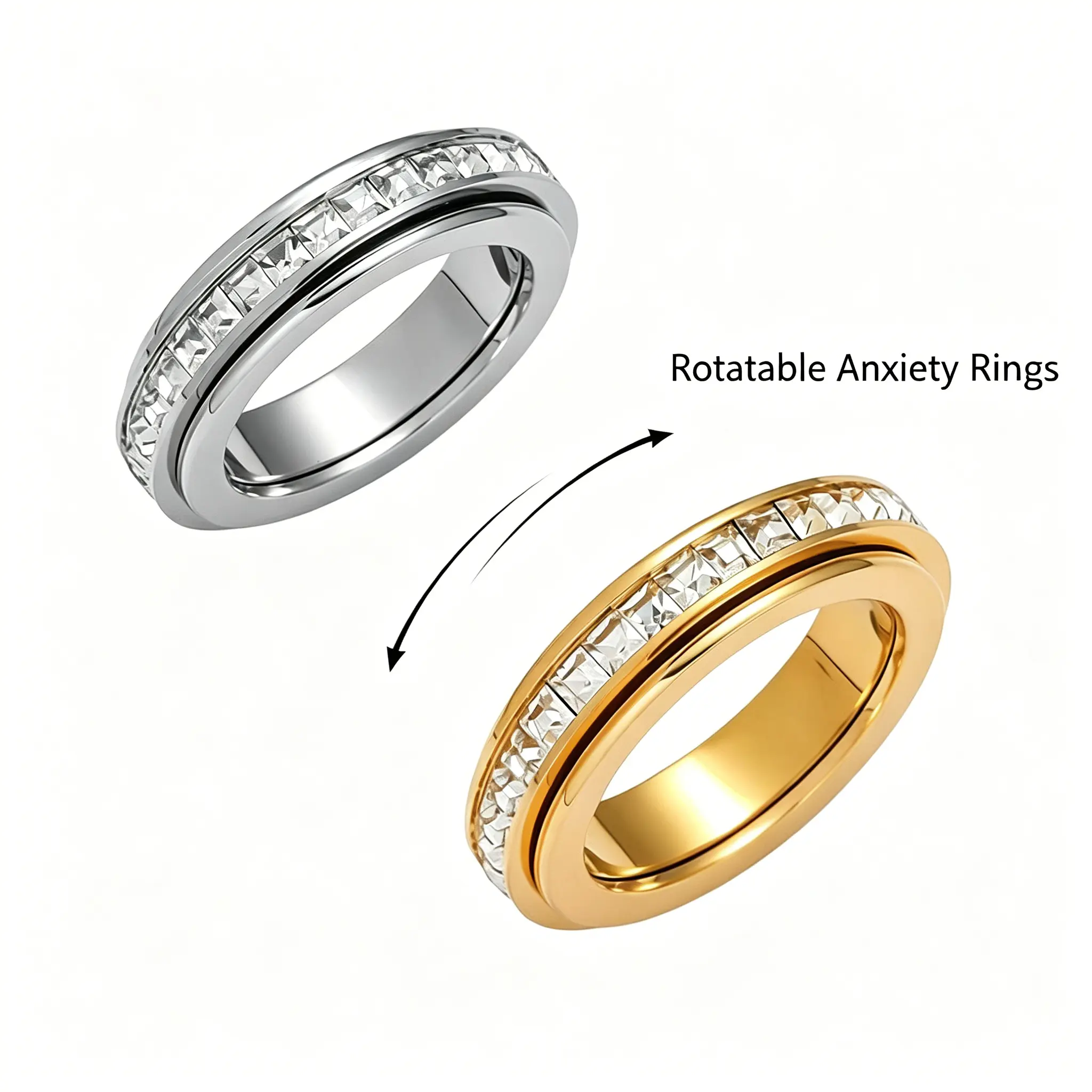 Titanium Steel Spinner Ring with Cubic Zirconia, Minimalist Rotatable Fidget Band for Women and Men, Daily Stress Relief Jewelry, Sizes 6-9, Basic, Everyday, 6 To 9, Rotatable Anxiety Rings, Fidget Rings, Anxiety Relief
