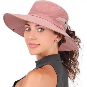 Womens Summer Sun Hat Beach Hat Wide Brim Outdoor UV Protection Hat Packable Mesh Bucket Hat with Ponytail Hole
