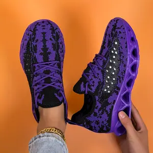 Women's Breathable Knitted Sneakers - Fashion Purple and Black Running Shoes with Air Cushion Support, Lightweight EVA Sole for Comfortable Road Running, Road Running Shoes | Fashion Knitted Sneakers | Flexible Footwear