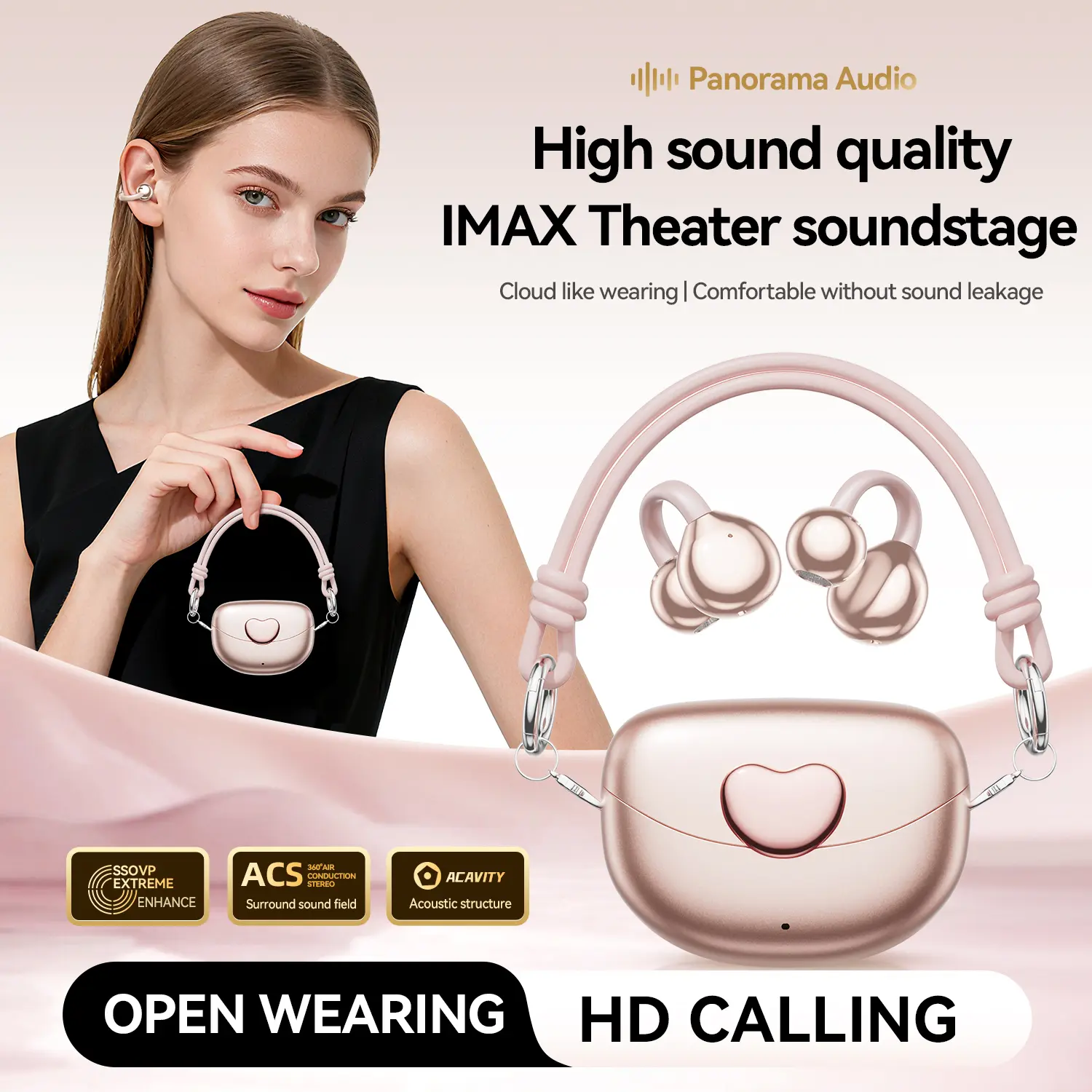 Pink Open-Ear Bluetooth Headphone - Open Wearing Pod, Soft-Mounted High-Fidelity Panorama Audio, IMAX Soundstage, Portable Lanyard, Cloud-Like Comfort, HD Calling, No Ear Pain, Sweatproof for Workouts, Outdoor Activities