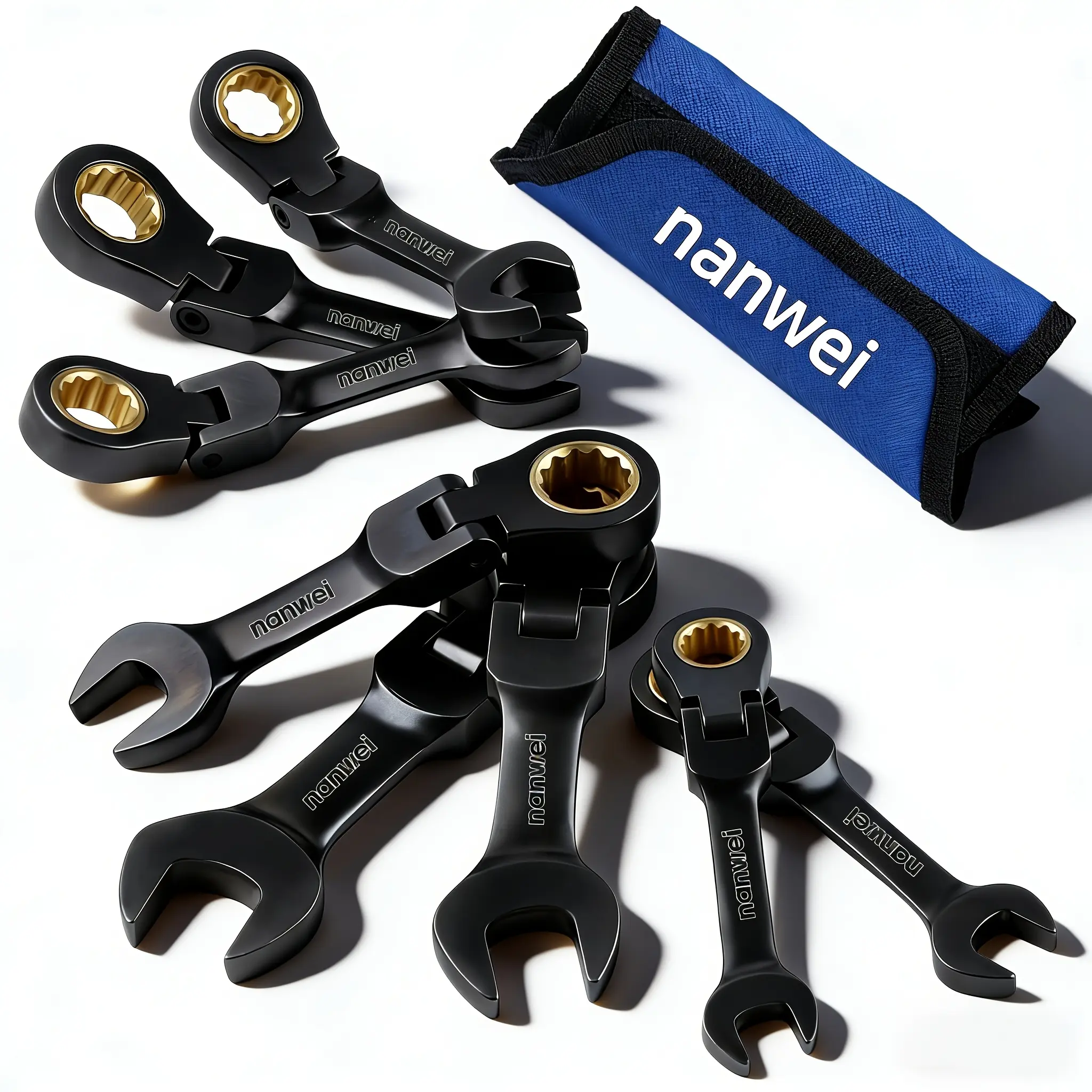 8 Piece Flex Head Stubby Ratcheting Combination Wrench Set, Metric 9-17 mm, 72-Teeth, CRV, Nickel Plating with Rolling Pouch 180 Degree Swivel, Metric, 9, 10, 11, 12, 13, 14, 15, 17Mm, 72 Teeth.