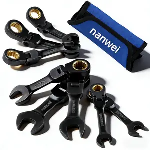 8 Piece Flex Head Stubby Ratcheting Combination Wrench Set, Metric 9-17 mm, 72-Teeth, CRV, Nickel Plating with Rolling Pouch 180 Degree Swivel, Metric, 9, 10, 11, 12, 13, 14, 15, 17Mm, 72 Teeth.