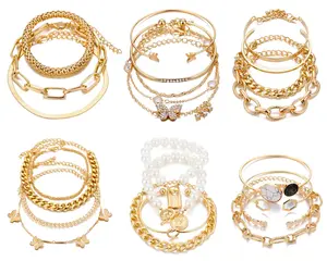 6 Pack (24 Pcs) Boho Gold Chain Bracelets Set for Women,Multiple Layered Stackable Open Cuff Wrap Bangle,Adjustable Link Italian Cuban Jewelry for Ladies,Christmas Party Gifts,Hand Tools Kits