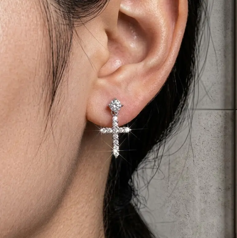 Iced Out Cross Design Iced Studs, Unisex White Gold-Plated 925 Sterling Silver Hypoallergenic Post Earrings, Father's Day Gift for Friends & Yourself, Cubic Zirconia Dangle Hoop Earrings for Adults, Engagement