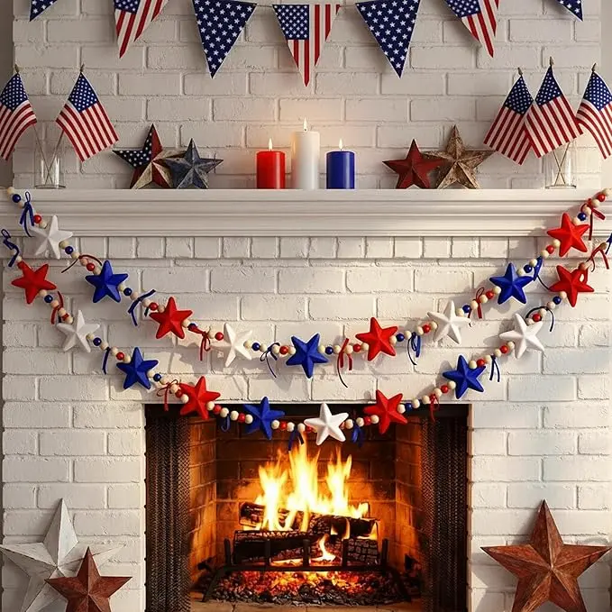 Summer Velvet Star Patriotic Garland for Mantle Fireplace Wall, America Red White and Blue Banner with Wooden Beads For Front Door Porch Yard Home Decor Independence Day Party Sunmmer Decor, Easter Decor Bunny Garland