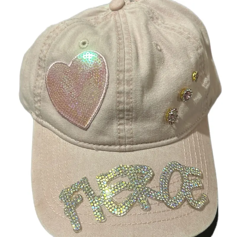 Fierce Trucker Hat with Heart & Sparkly Letter Embellishments, Gold Accents, and Beaded Design
