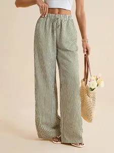 1 Piece Elastic Waist Loose Fit Striped Wide Leg Trousers, Green White Striped Beach Vacation Style Pants Women Casual Bottom