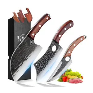 ROCOCO 3PCS Butcher Cleaver Knife Set for Meat Cutting Serbian Chef Knife Viking Boning Cleaver with Sheaths for Kitchen Outdoor BBQ Camping Birthday Father Mother Christmas Gift Idea Men