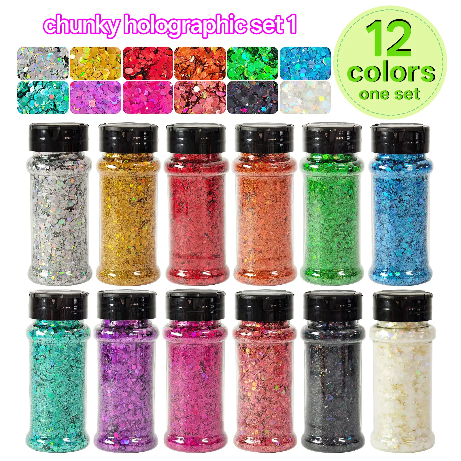 12-Pack 1.5 oz Glitter Nail Art Set, Mixed Colors & Sizes with Holographic Finish, Perfect for Handmade Crafts & Holiday Party Gifts (Keychains, Coasters, Small Accessories)