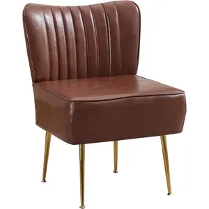 Modern PU Leather Accent Chair, Upholstered Armless Wingback Side Chair with Golden Legs, Comfy Single Sofa Cute Slipper Corner Chair for Living Room Bedroom Entryway, Brown(Set of 1)