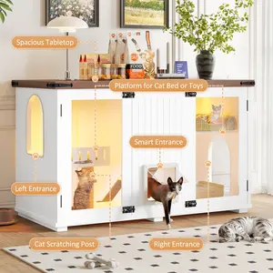 Large Cat Litter Box Enclosure with LED Light, Hidden Litter Box Furniture, Cat House with Stairs and Cat Scratching Post, Cat Cabinet Side Table with Smart Doors for Living Room, White