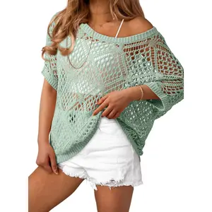 Dokotoo Women's Crochet Cover Up Tops Summer Short Sleeve Off Shoulder Sweater Shirts Beach Swimsuit Coverup