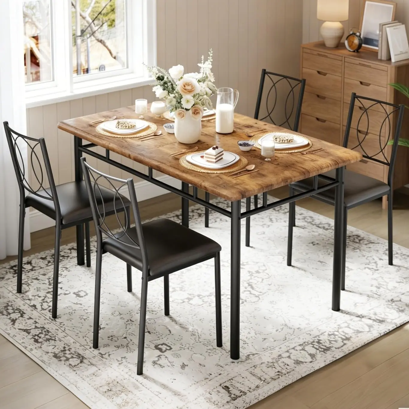 Garvee 4-Piece Farmhouse Furniture Set - Compact Wooden Small Dining Room Sets with Upholstered Chairs, Ideal for Small Spaces, Apartments, Coffee, Gray, Walnut Finishes