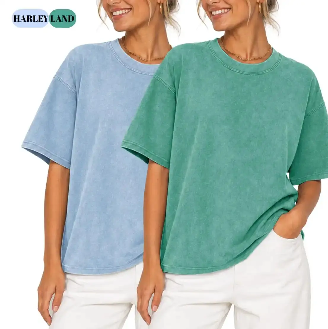 Women's 2-Pack Oversized Basic T-Shirts, Vintage Acid Washed Cotton Fabric, Solid Shortsleeve Hip Streetwear Tops for Workout or Layering with a Jacket, Unisex, Fits, Garments