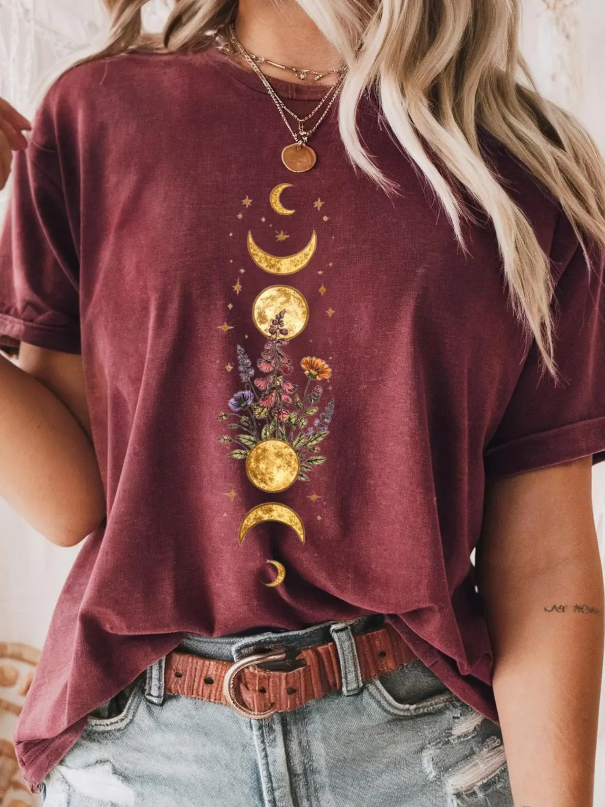 Boho Celestial Moon Spiritual Floral T-Shirt, Mystical Shirt, Spiritual Boho tee