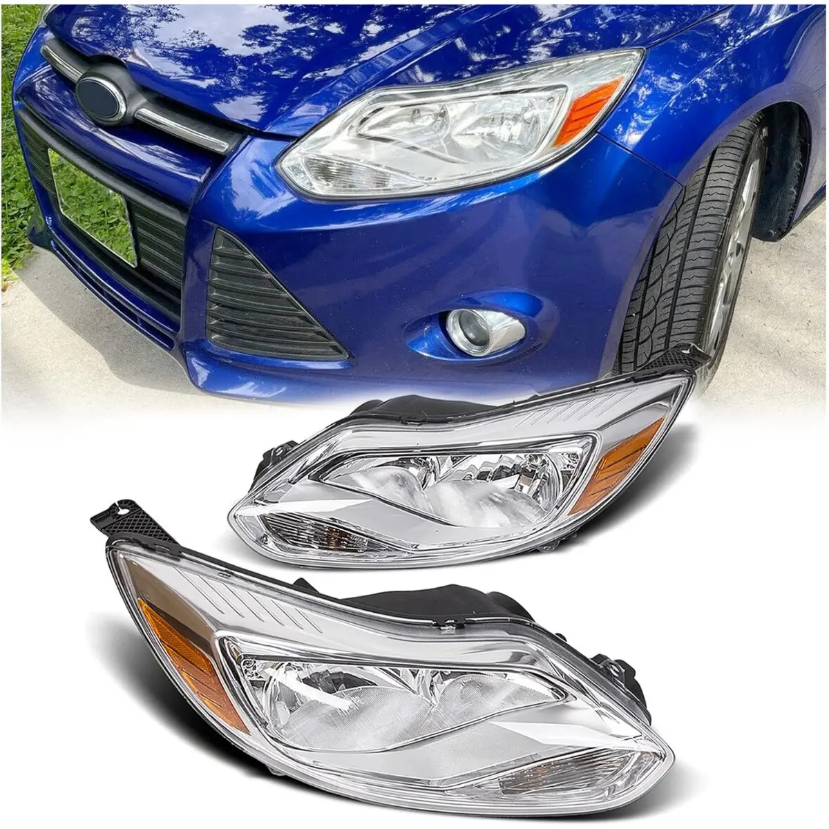 HECASA Automotive Headlight Assemblies - Front Light Headlamp Kit for 2012-2014 Ford Focus, Left+Right Chrome Housing Trim Halogen Units with Bulbs, Amber Reflector, Tool-Free Install for Night Safety