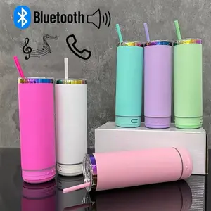 20oz Aesthetic Bluetooth Speaker Tumbler Water Bottle, Leak-Proof Lid, Built-In Speaker, Insulation, Straw Included, Ideal for Beach Use