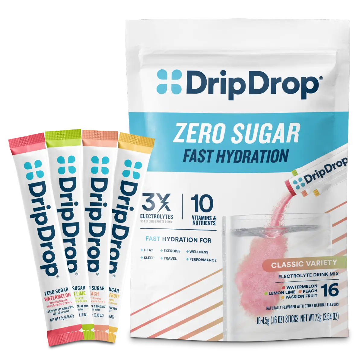 DripDrop Zero Sugar Classic Variety Pack Electrolyte Powder, 8 oz sticks, 16 count DripDrop Zero Sugar Classic Variety Pack Electrolyte Powder, 8 oz sticks, 16 count