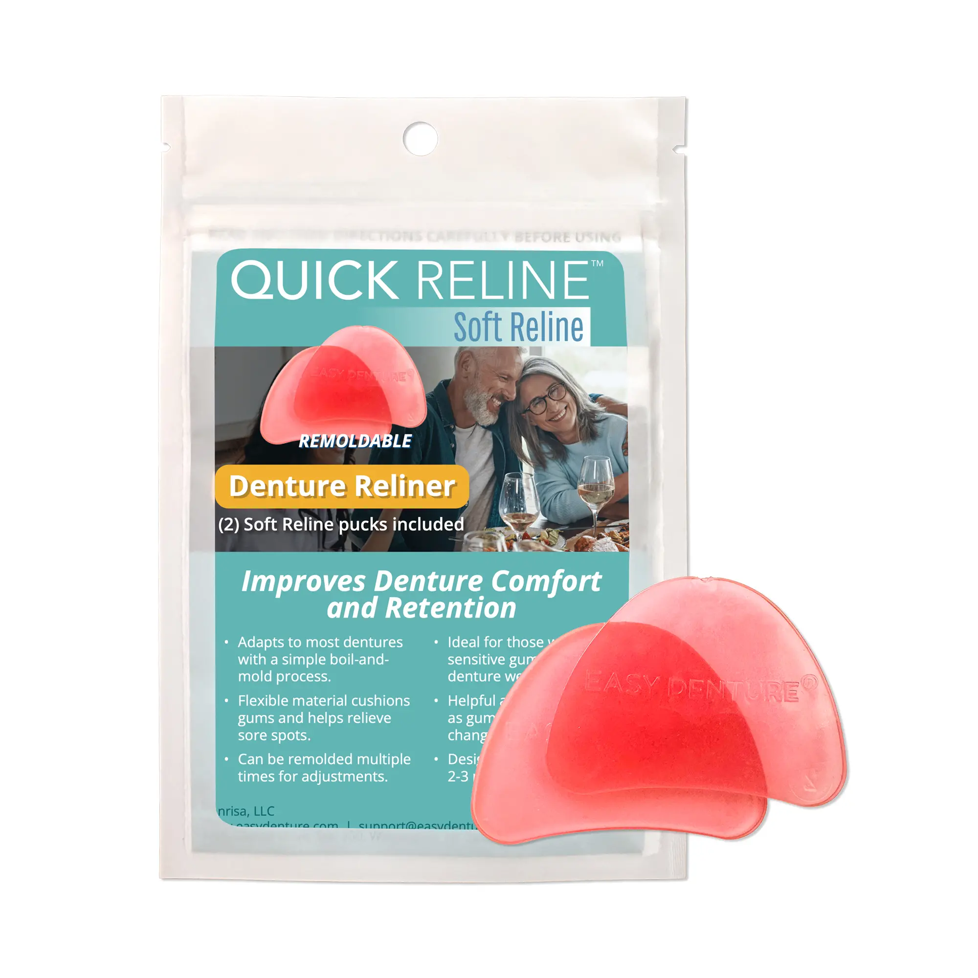 Denture Mouldable Kit for a Custom Fit, Soft Thermoplastic Boil-and-Fit Cushion, Reline for Full & Partial Dentures & Sensitive Gums, Zinc-Free, 2 Pucks, Adapts To Most Dentures