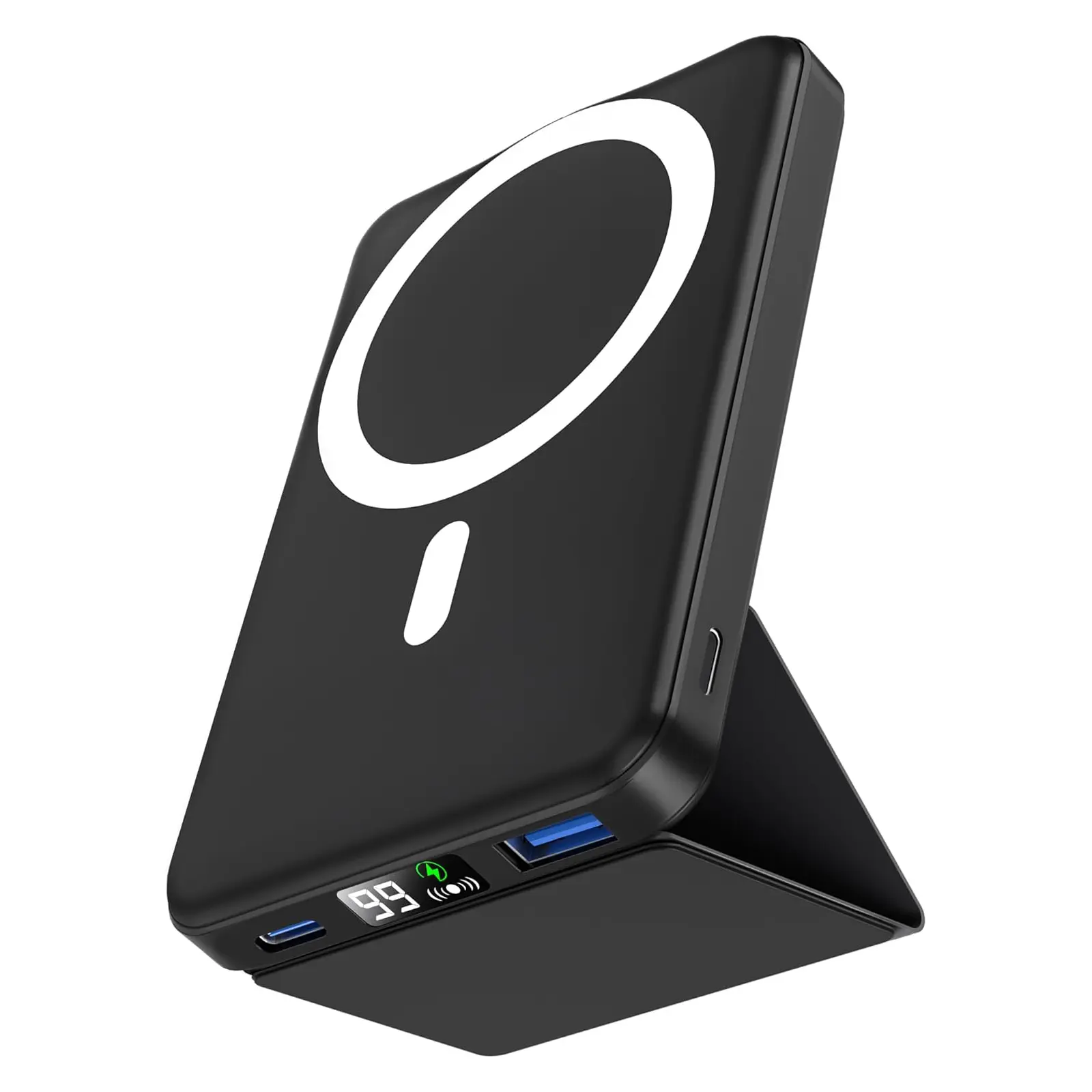Podoru 10000mAh Silicone Magnetic MagSafe Portable Charger - 20W PD Fast Charging Digital Power Bank with LED Display, Foldable Stand, USB Output, USB-C & Lightning Input, Phone Accessories Cable for iPhone 17/16/15/14/13/12 Series, Magnetic Portable Char