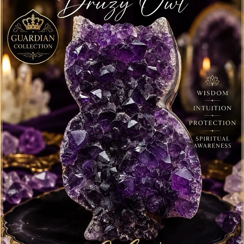 Collector’s Edition Natural Amethyst Druzy Owl Carving - Guardian of Midnight Wisdom, Natural Crystal Formation, Home Decor, Room Decor Statement Item crystals purple quartz