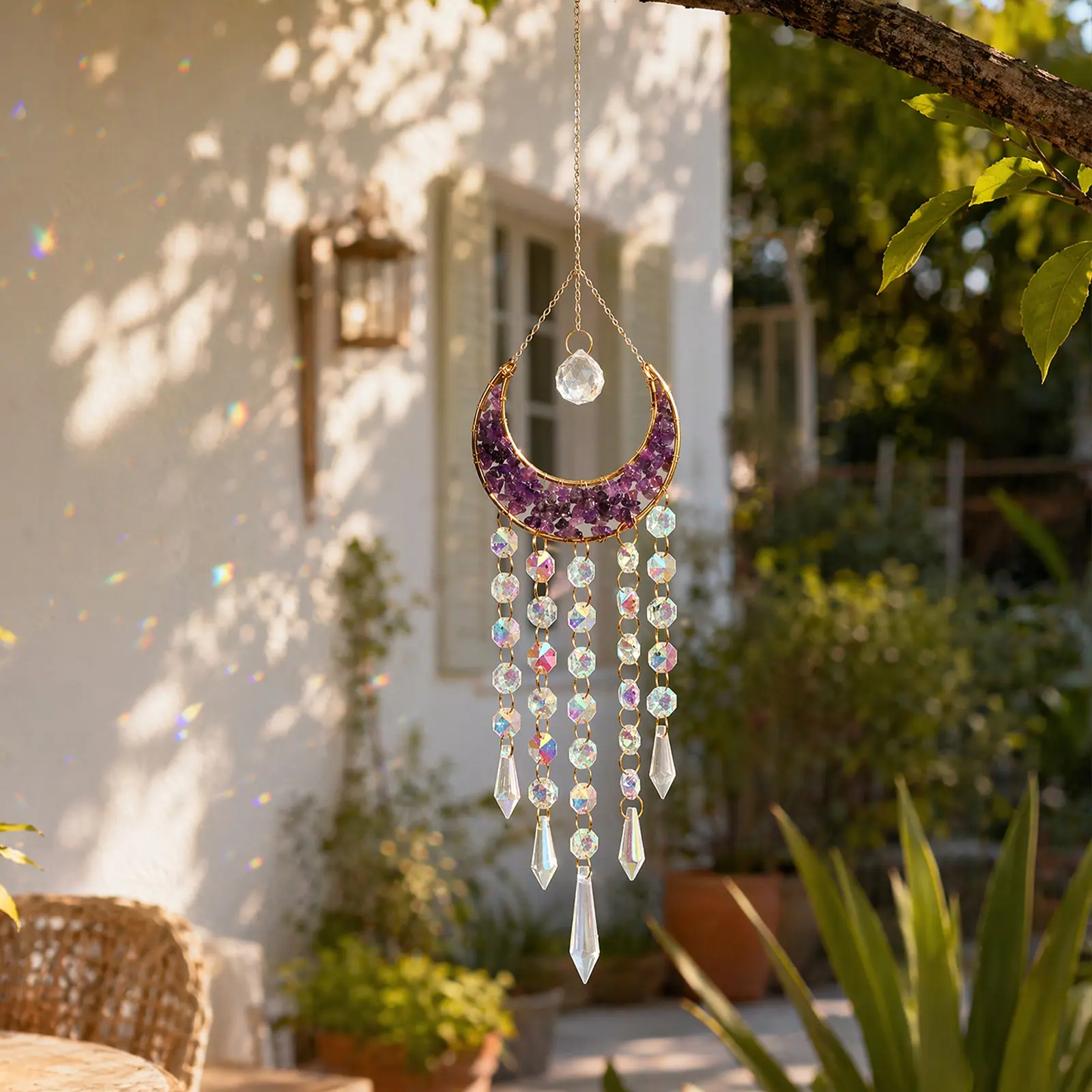 Crystal Sun Catcher, Moon Suncatcher with Crystal Purple Stones, Handmade Rainbow Maker Indoor Outdoor Decor for Window Bedroom Courtyard Garden, Bless Gift