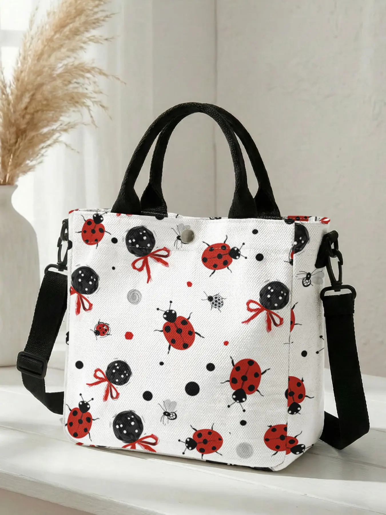 1 piece of 2D printed fashion crossbody messenger bag, fashionable bags with a ladybug and polka dot pattern, adjustable shoulder strap + snap closure | students/workforce/street outings | a street essential with both aesthetic appeal and practicality