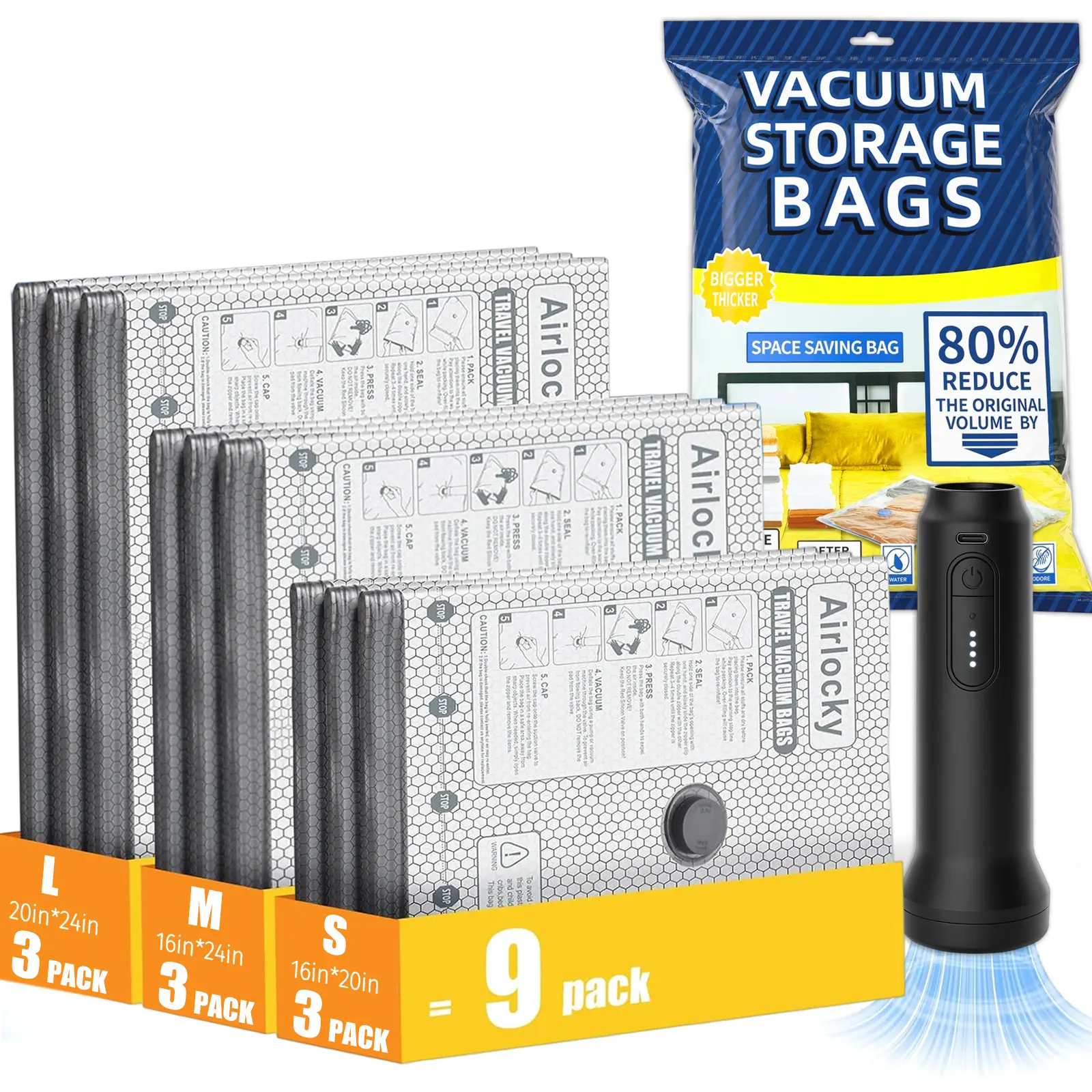 Cordless Travel Vacuum Compression Bag Set with Electric Pump for Carry-On Suitcases, Vacuum Packing Kits, Luggage Packing Organiser