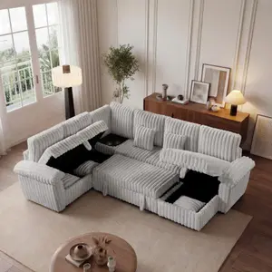 【4 Packages shipping】Niccae Corduroy Striped Sofa – U-Shaped Pull Out Bed & Storage Chaise, Modern Minimalist Sofa for Living Room, Home Office, Guest Bed, Apartment (6 Seats, Foam Cushion)