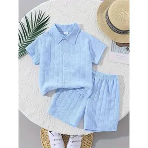 2-piece boys' simple shirt and shorts set, suitable for spring and summer, essential for outdoor activities