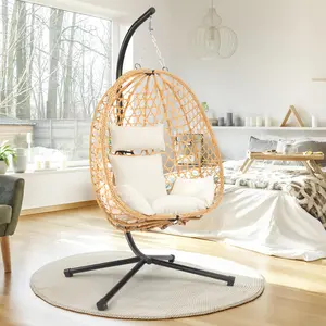 Summervibes Indoor & Outdoor Hanging Basket with Stand, Swing Egg Basket Chair with Cushion and Backrest, Rattan Soft Pad, Suitable for Bedroom, Balcony, Garden