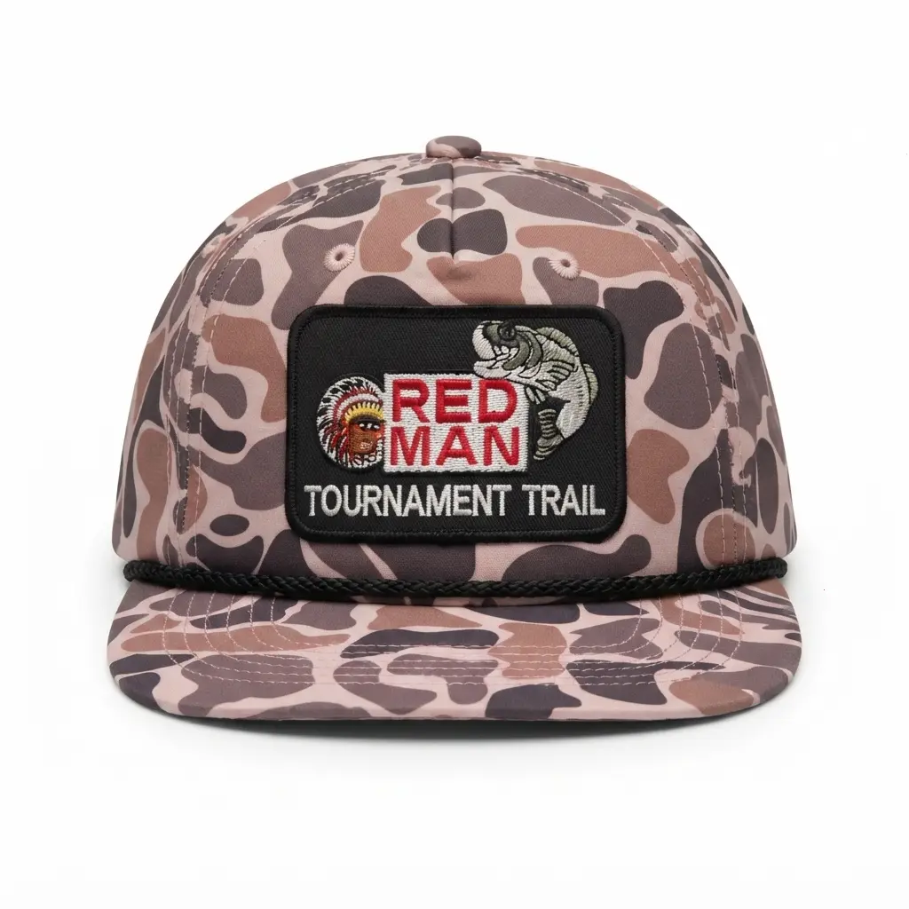 Red Man Tournament Trail Patch Hat Oldschool Duck Camo Rope Cap 7 Panel Flat Bill Snapback Hat Vintage Bass Fishing Outdoor Baseball Cap For Men Women Heritage Southern Gift