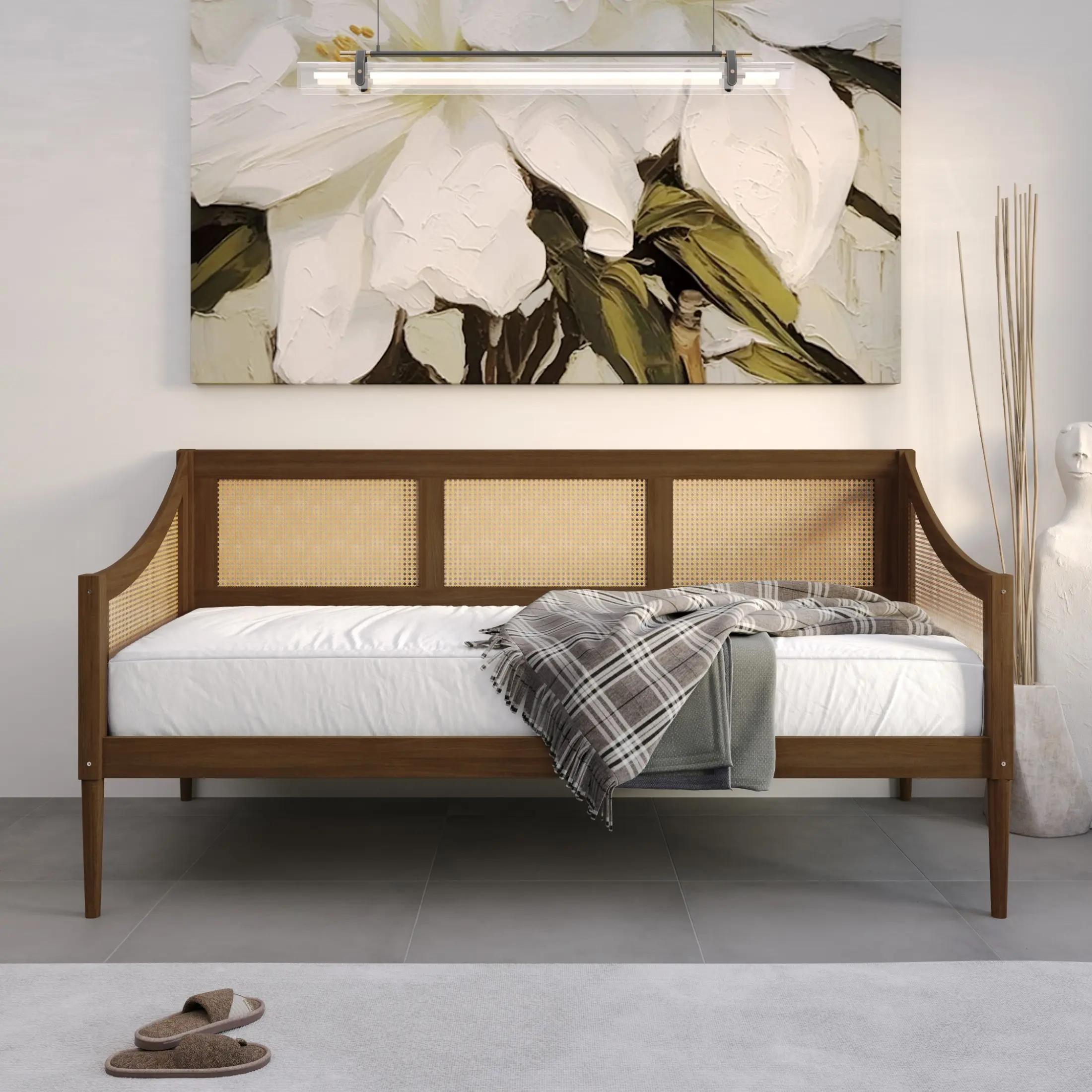 Favorer Elko Twin Daybed Frame for Adults - Natural Wood Grain Texture, Rattan Panel Accents, Tropical Transitional Style, Methanol-Free, Assembly Required, Ideal for Living Area (No Fire Safety Label), Rattan Panels