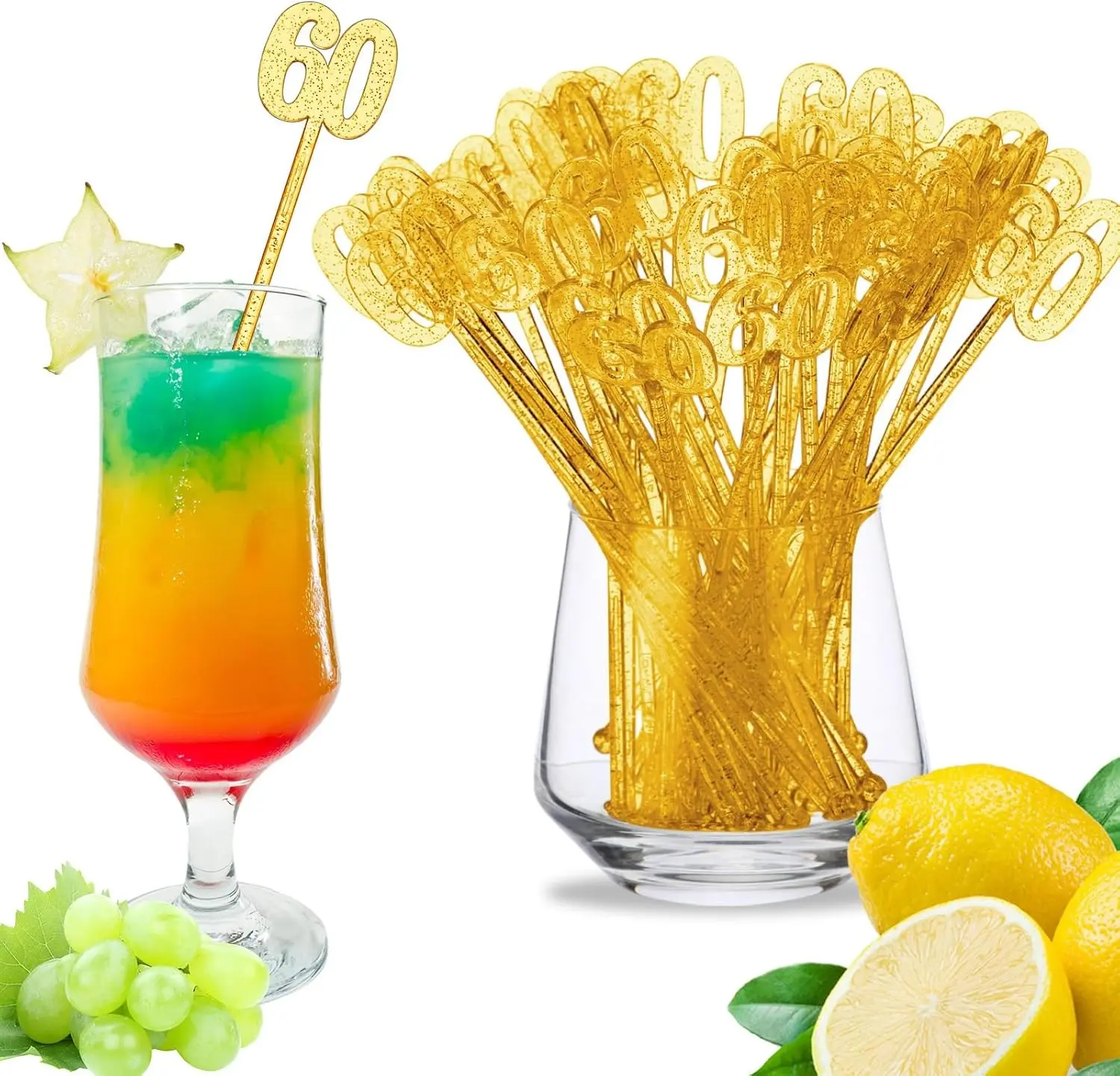 100 Pcs 7.5 Inch Gold Glitter 60th Birthday Plastic Drink Stirrers Swizzle Sticks for Birthday Christmas Party Coffee Bar Cupcake Toppers Party Favor